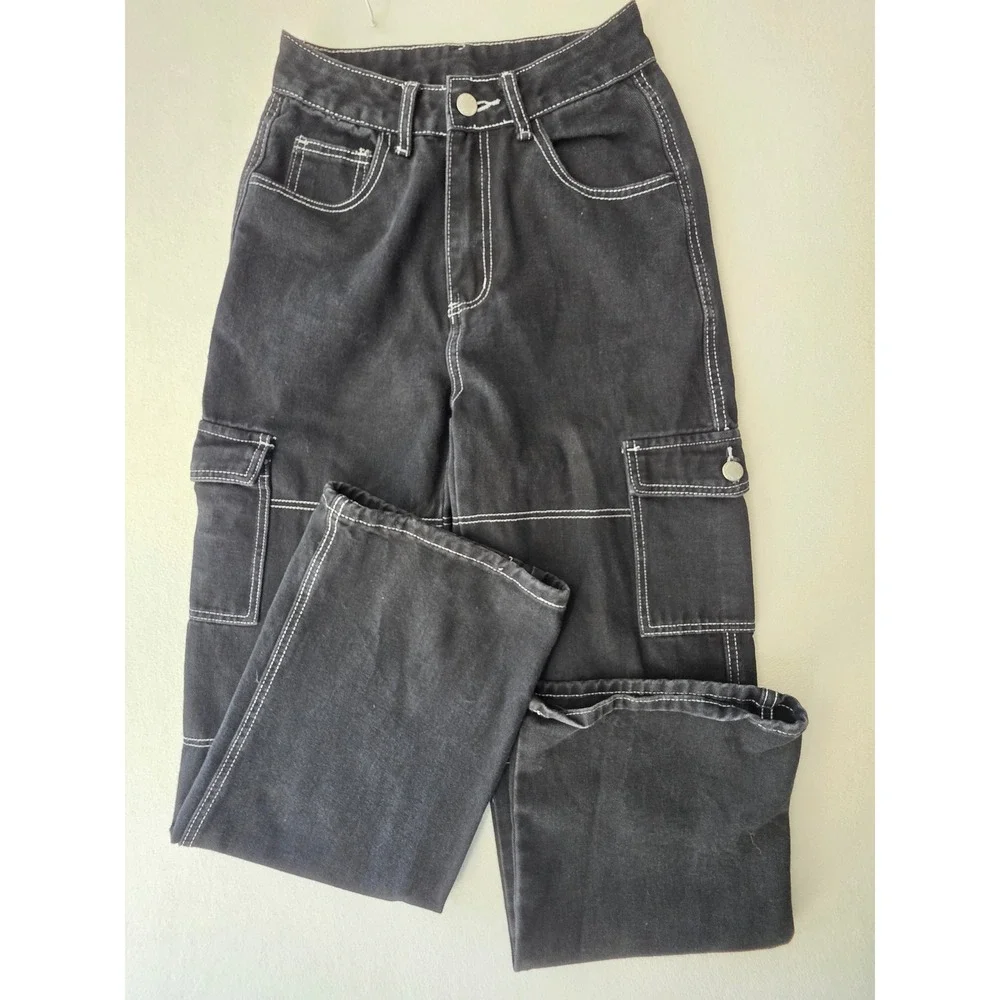 SHEIN Tall XS Black Wide Leg Cargo Jeans High Rise Contrast Stitch Y2K Goth